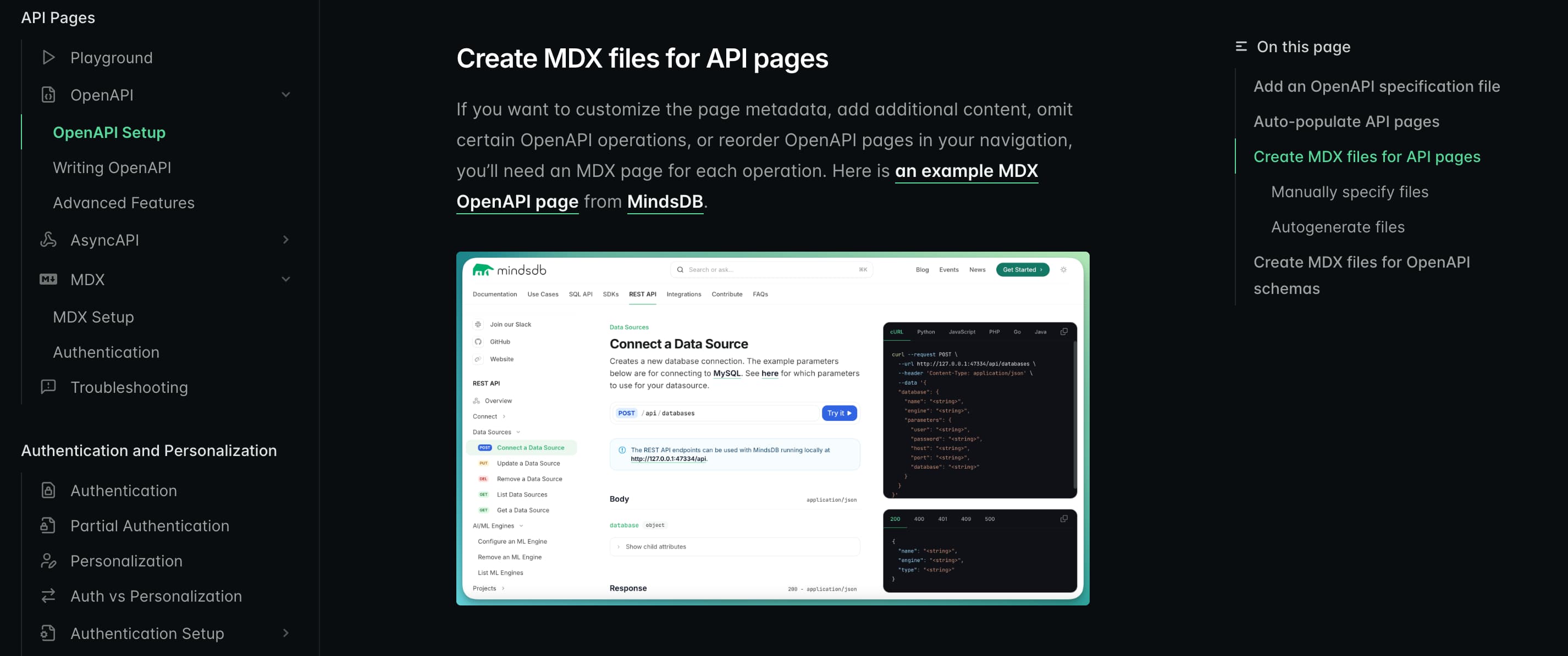 Mintlify supports creating MDX files for API pages, which allows flexible and simple documentation customization.