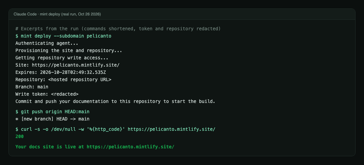 Terminal output from Claude Code running mint deploy, pushing the docs, and confirming the site returns 200