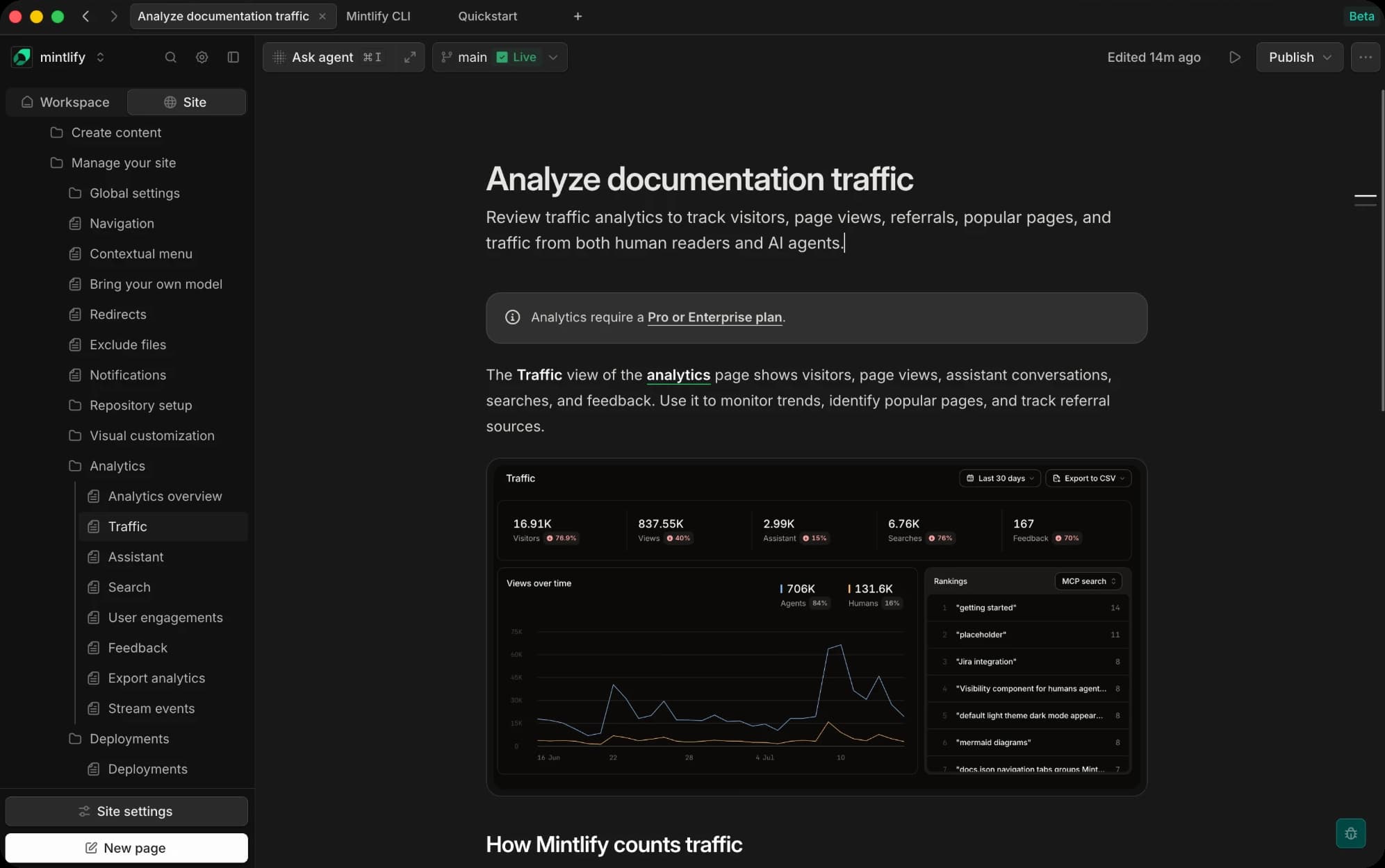 Mintlify Desktop with several docs pages open in tabs and the site navigation sidebar