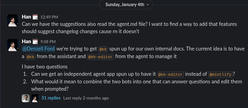 Han's follow-up message about hacking on KB