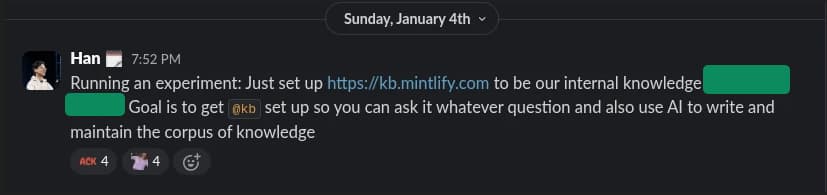 Han's Slack message announcing the KB experiment