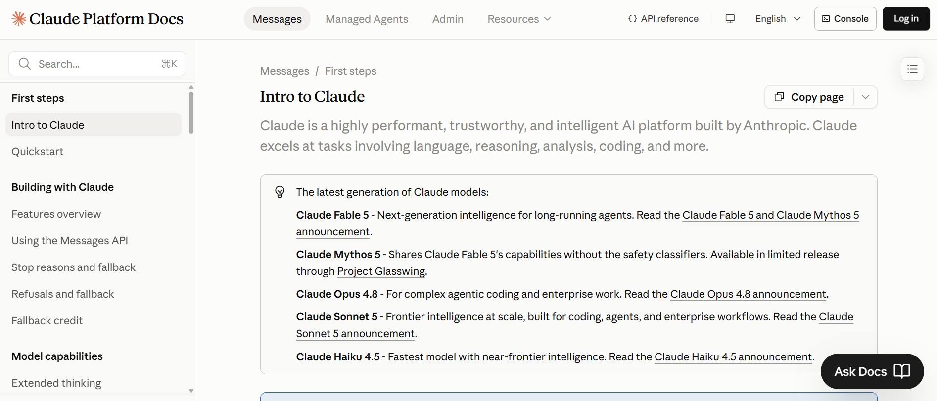 Anthropic's Claude Platform Docs landing page built on Mintlify