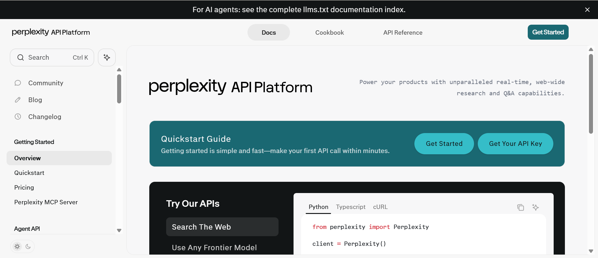 Perplexity's language-tabbed API documentation built on Mintlify