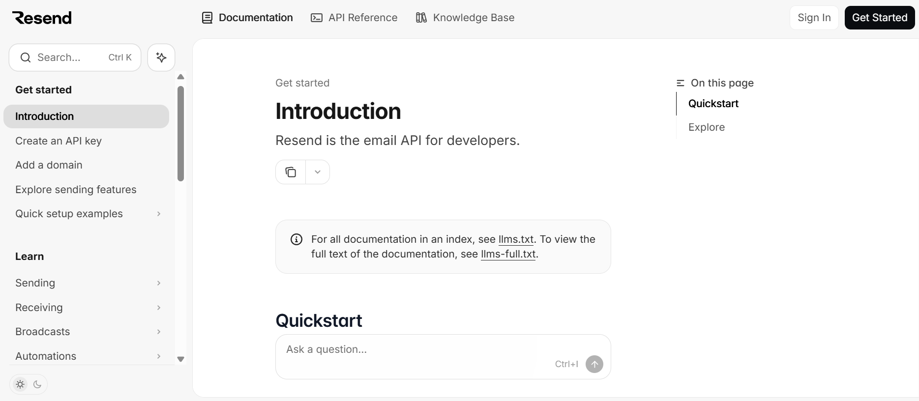 Resend's framework-specific quickstart grid built on Mintlify