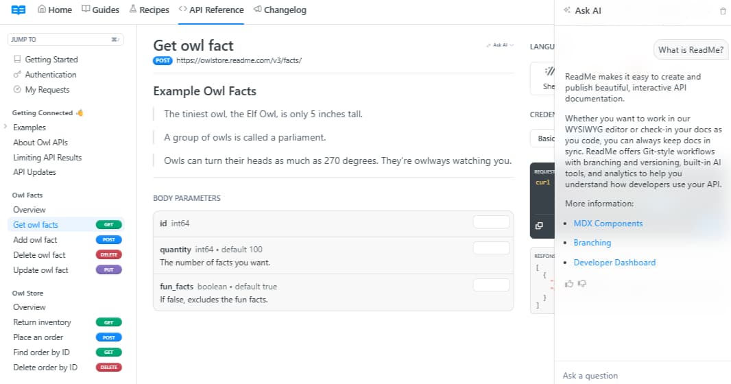 ReadMe API reference with request parameters and the Ask AI sidebar