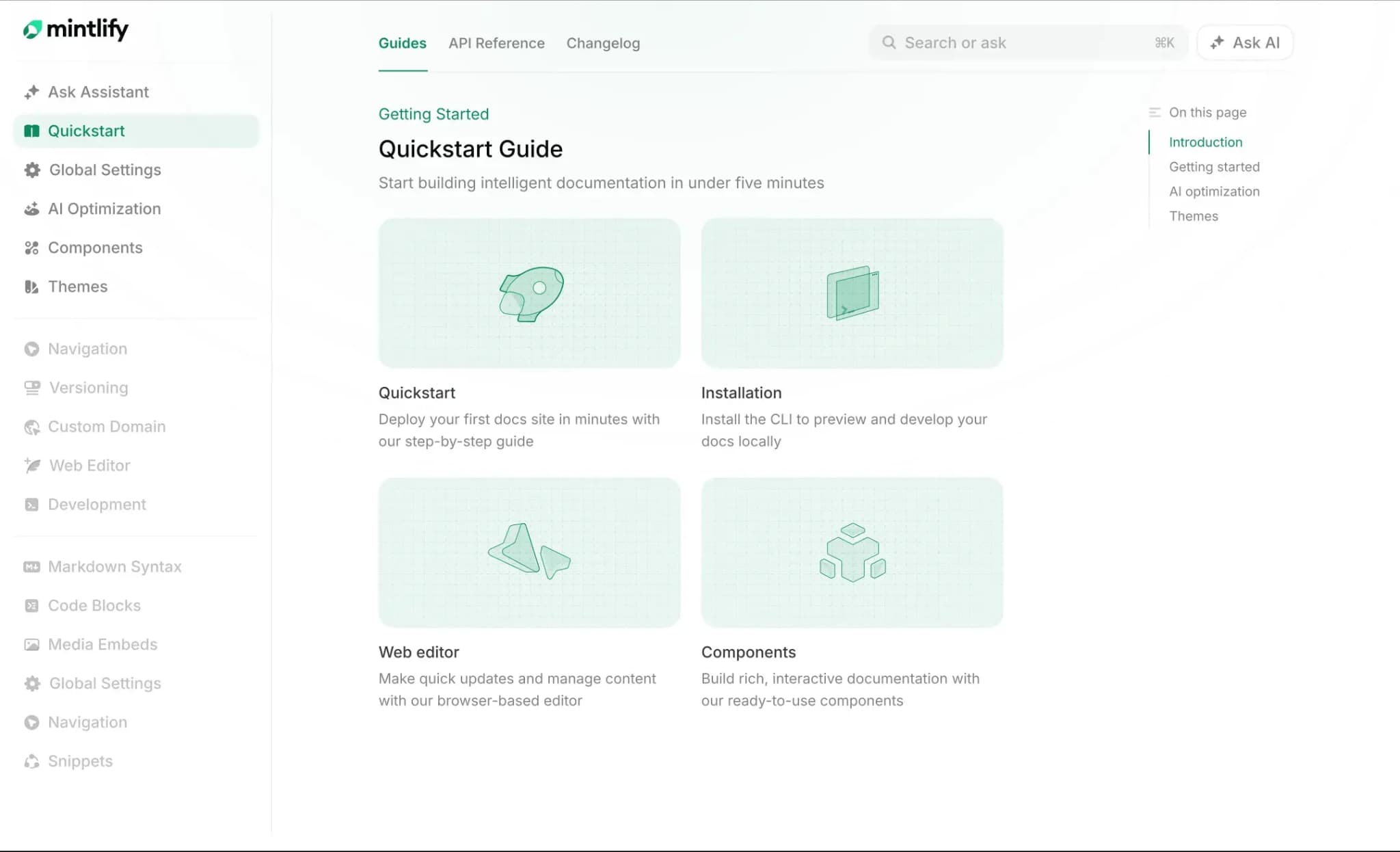 Mintlify documentation site showing the Quickstart Guide with sidebar navigation for AI optimization, components, and themes