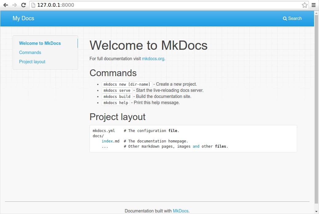 Default MkDocs site running on a local server, showing the mkdocs commands and project layout for a Markdown documentation project