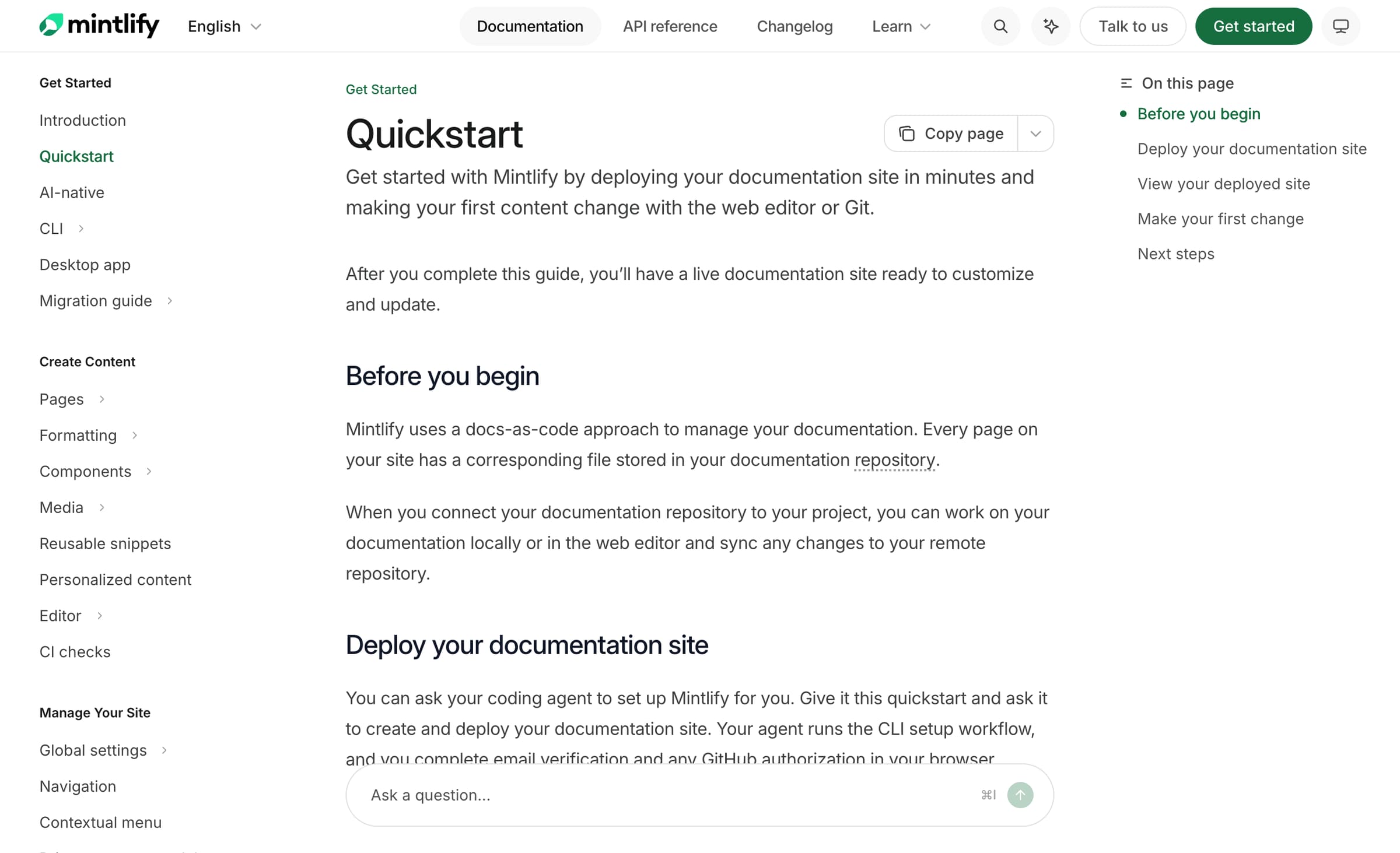 Mintlify documentation site showing the Quickstart page with sidebar navigation, search, and an Ask a question bar