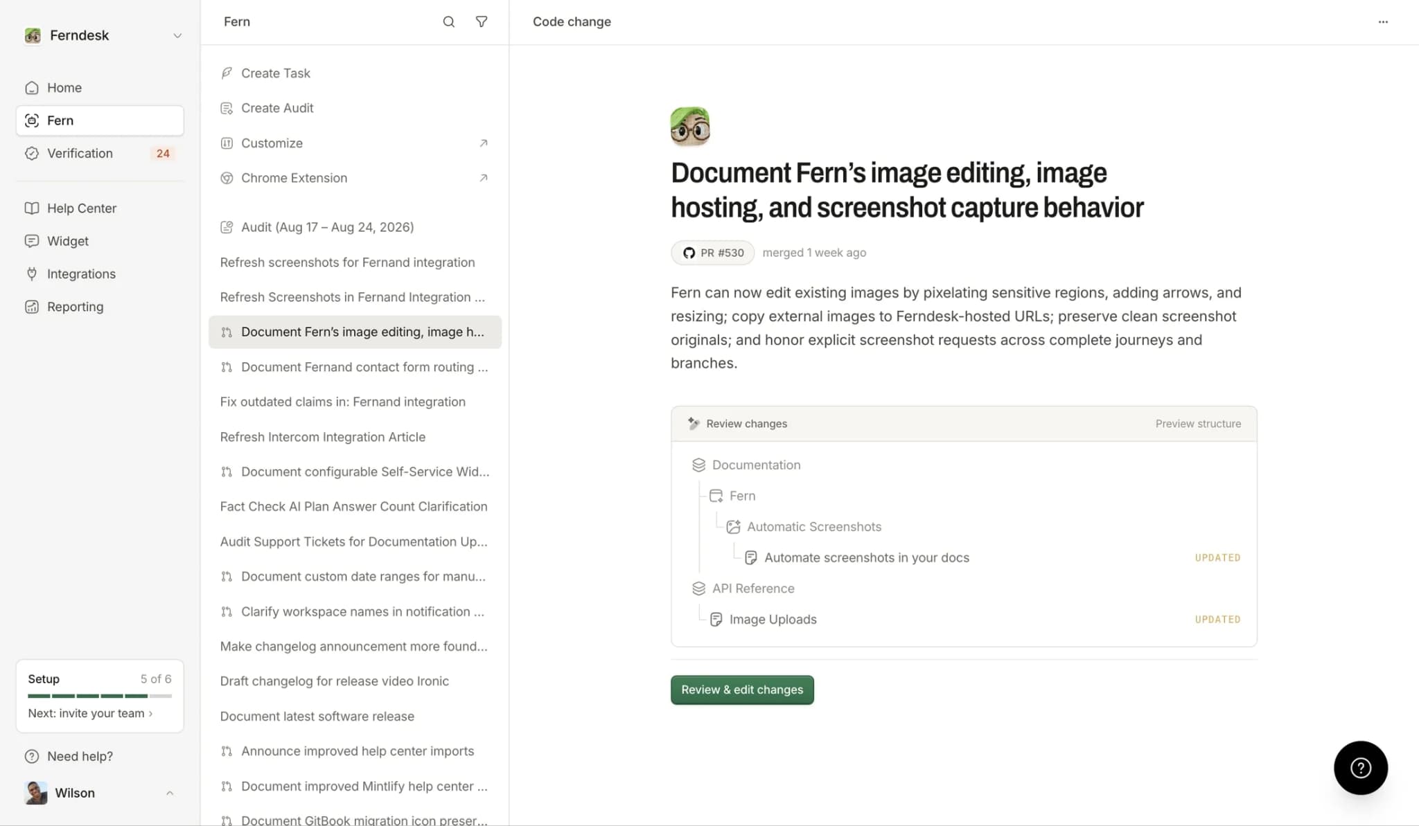 Ferndesk dashboard showing a drafted help-center update from a merged pull request
