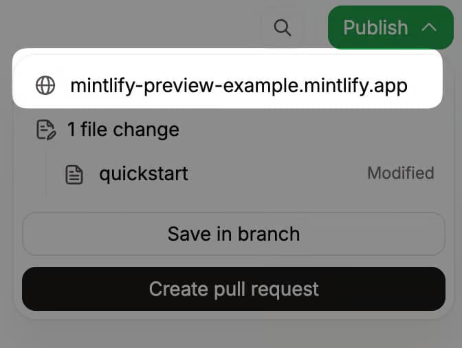 Mintlify web editor showing a documentation change saved to a branch in visual editing mode