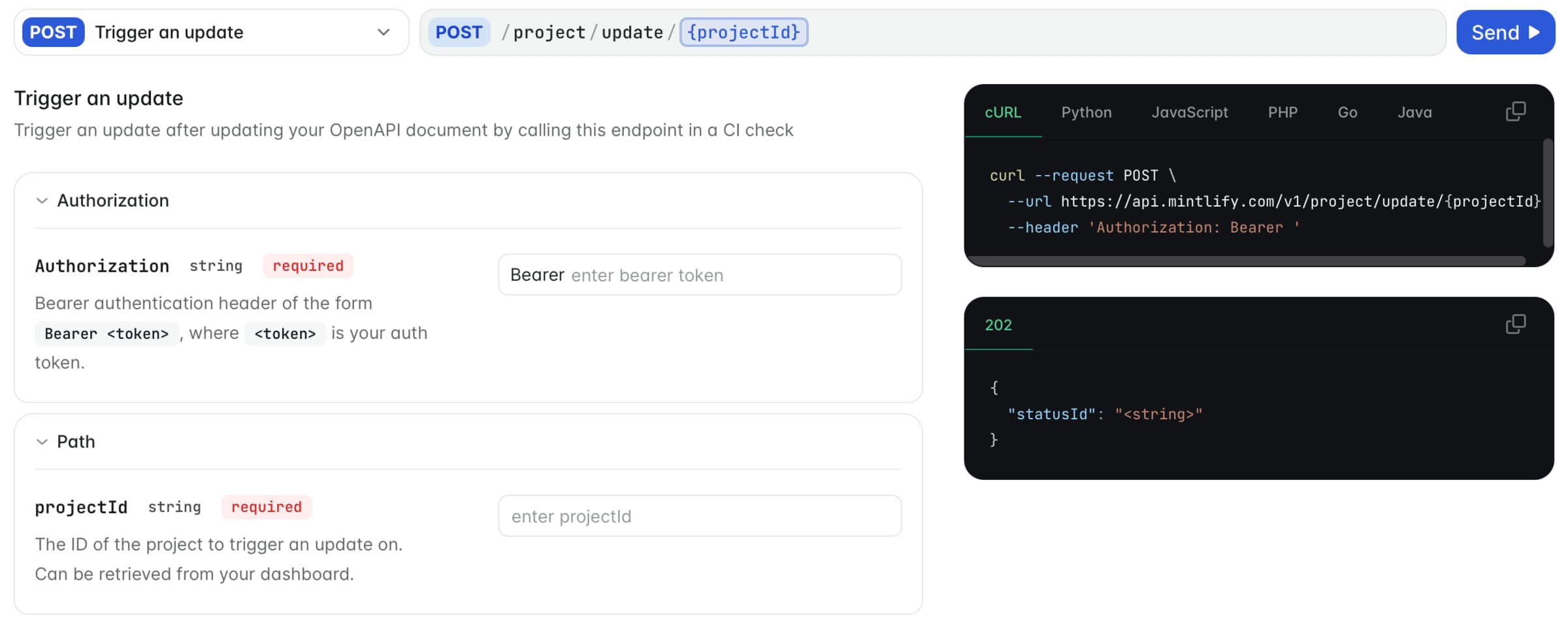 Mintlify Trigger an update API endpoint in the API playground with a cURL example