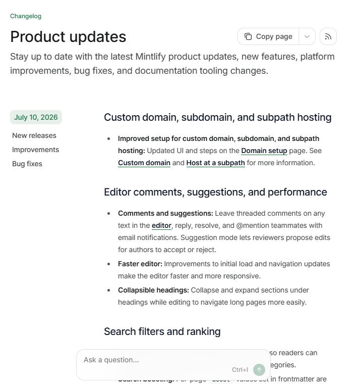 Mintlify changelog page showing dated product updates with tag filters for new releases, improvements, and bug fixes