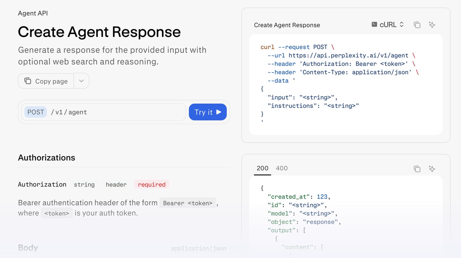 Perplexity's Create Agent Response reference on Mintlify, with the POST /v1/agent bar and its Try it button, and a cURL request and sample response on the right