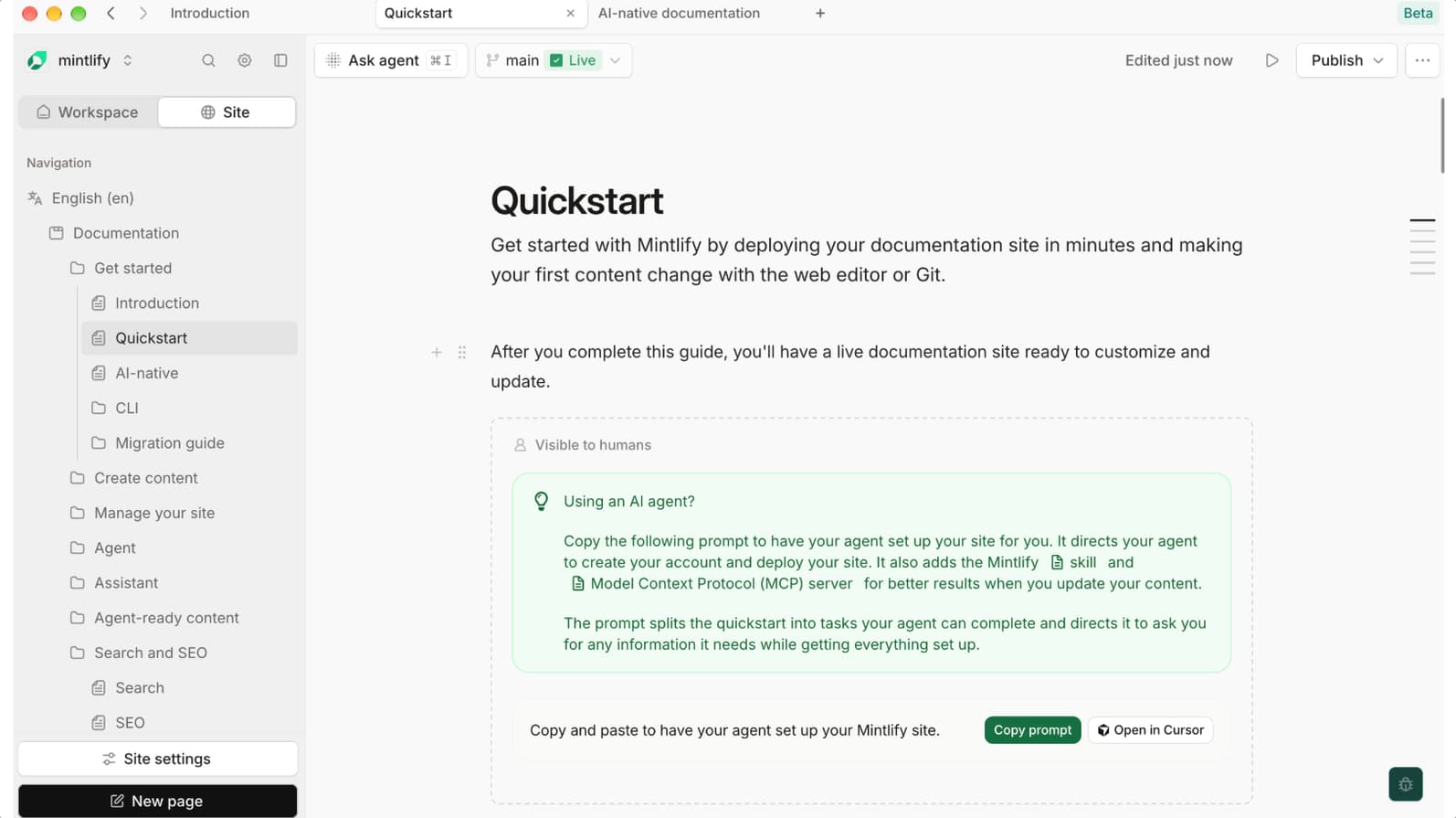 Mintlify's editor in visual mode with the Quickstart page open, the navigation tree on the left, and the Ask agent, branch, and Publish controls along the top