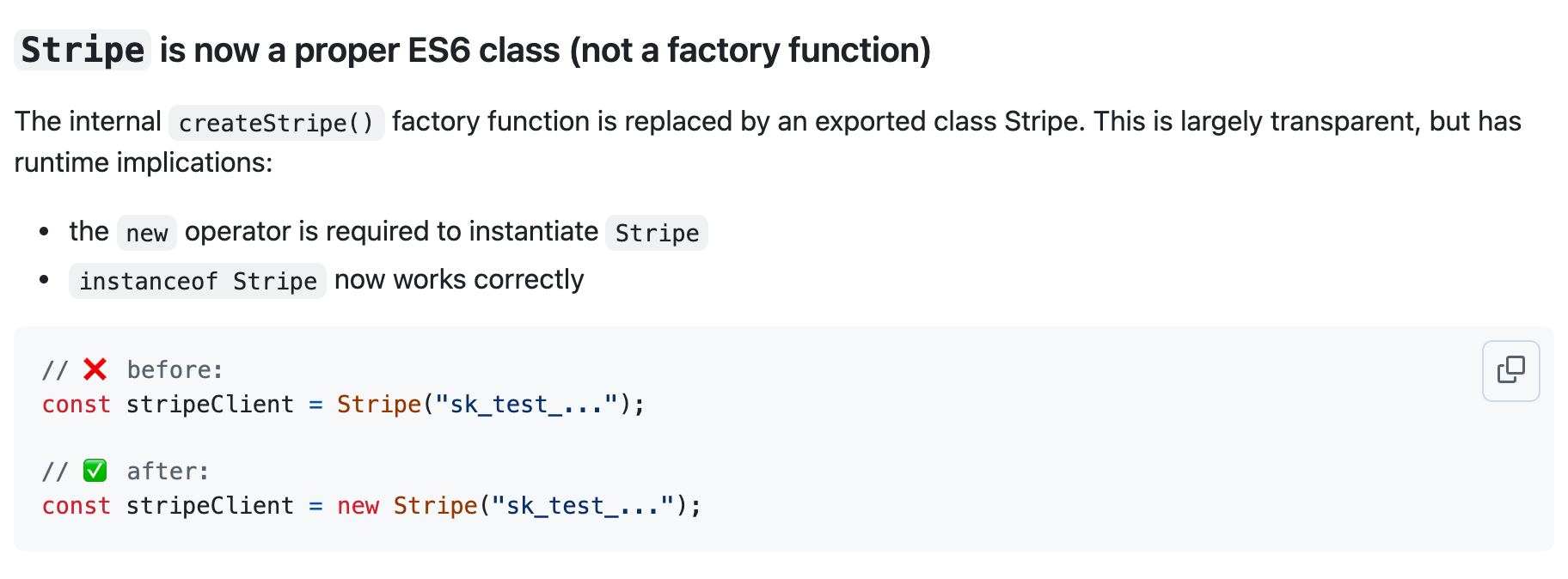 Entry from the Stripe Node.js SDK v22 migration guide explaining that Stripe is now an ES6 class instead of a factory function, with before and after code showing that the new operator is now required