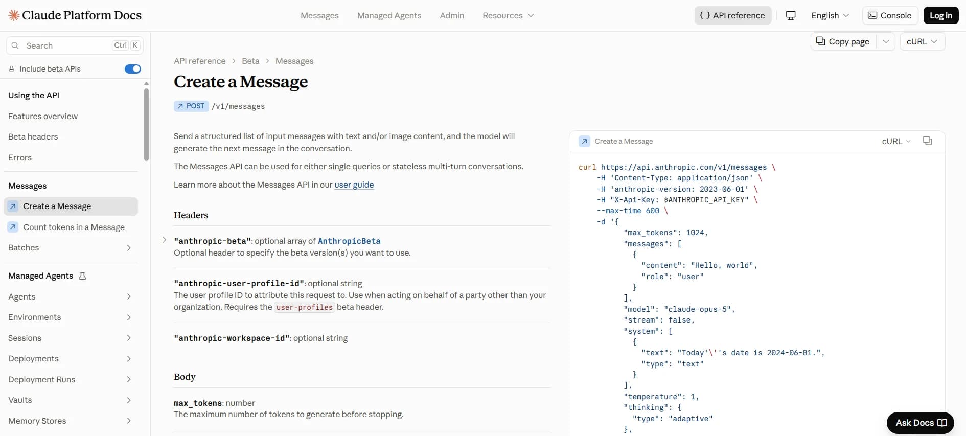 Anthropic Messages API reference with request parameters and code examples