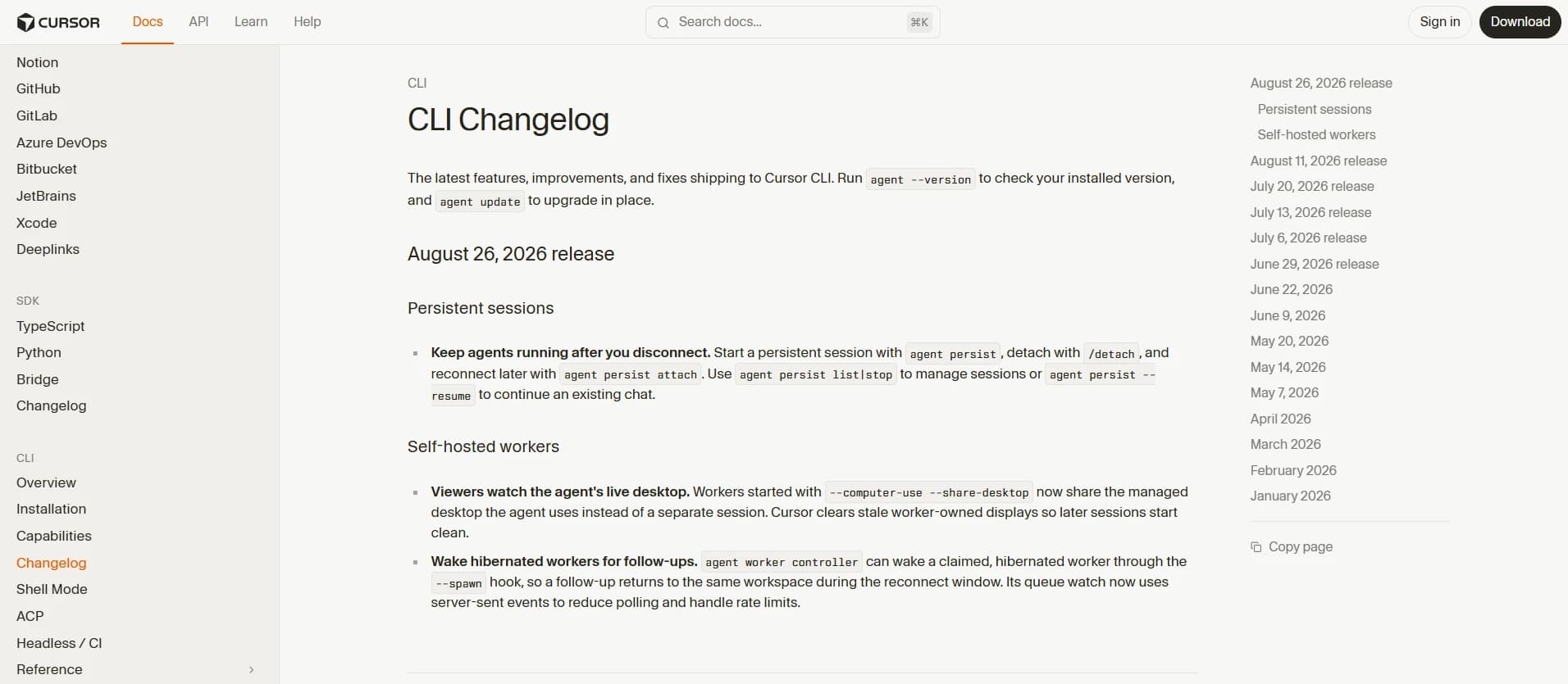 Cursor CLI changelog with version commands and release entries