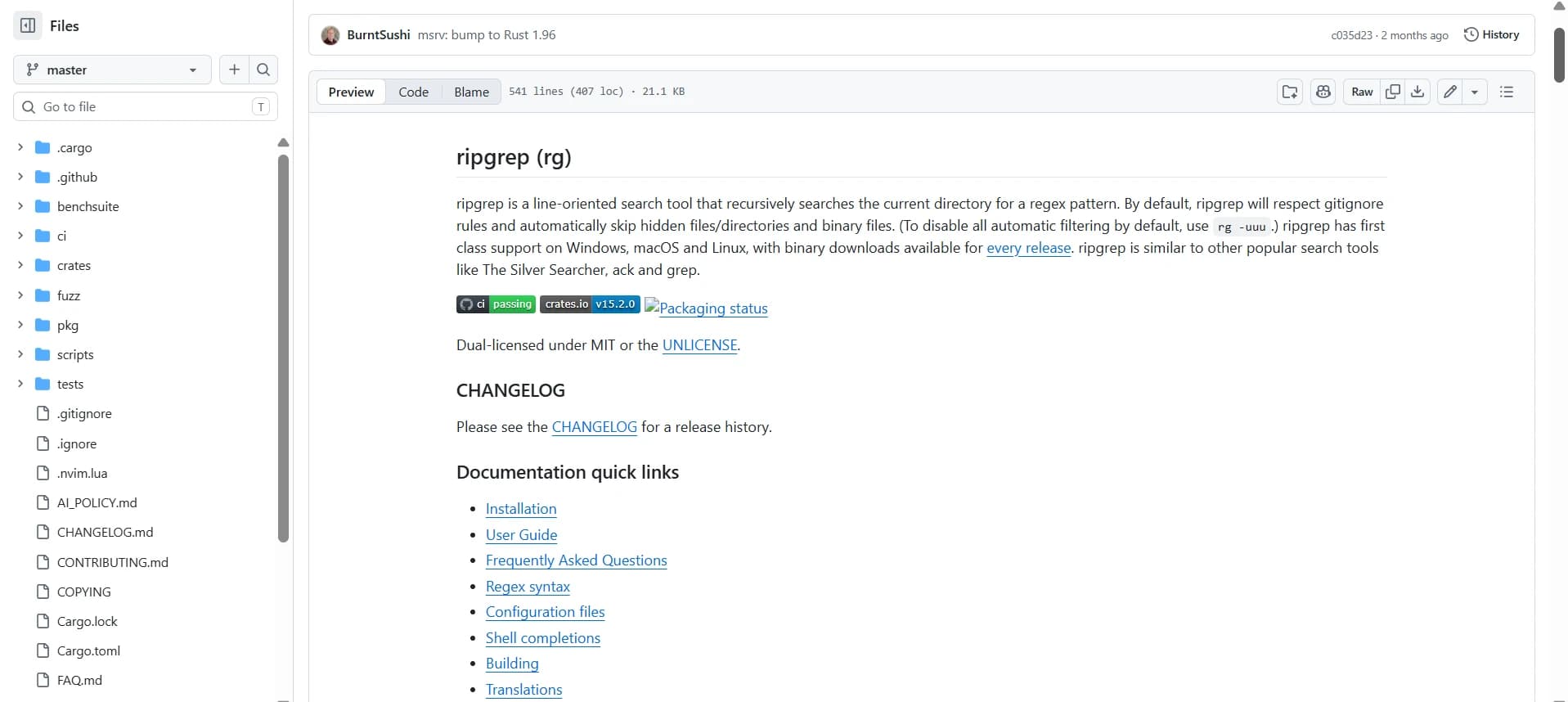 ripgrep README introducing the command-line search tool