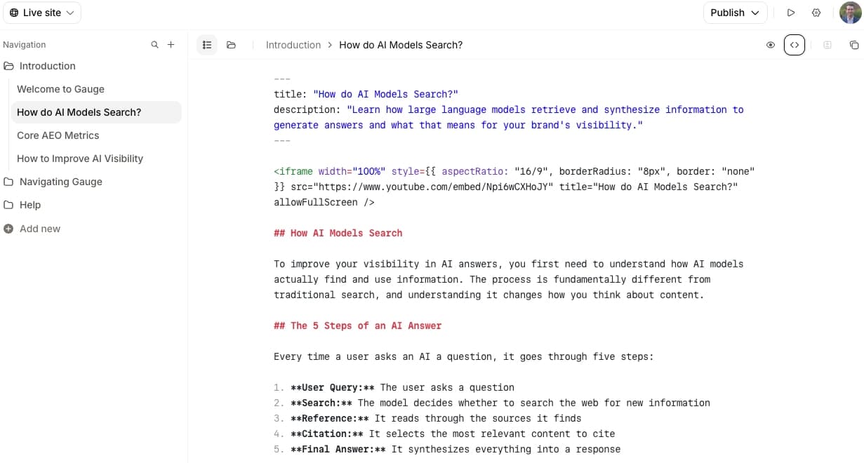 Mintlify web editor with the navigation sidebar and toolbar, showing an MDX documentation page open in code view