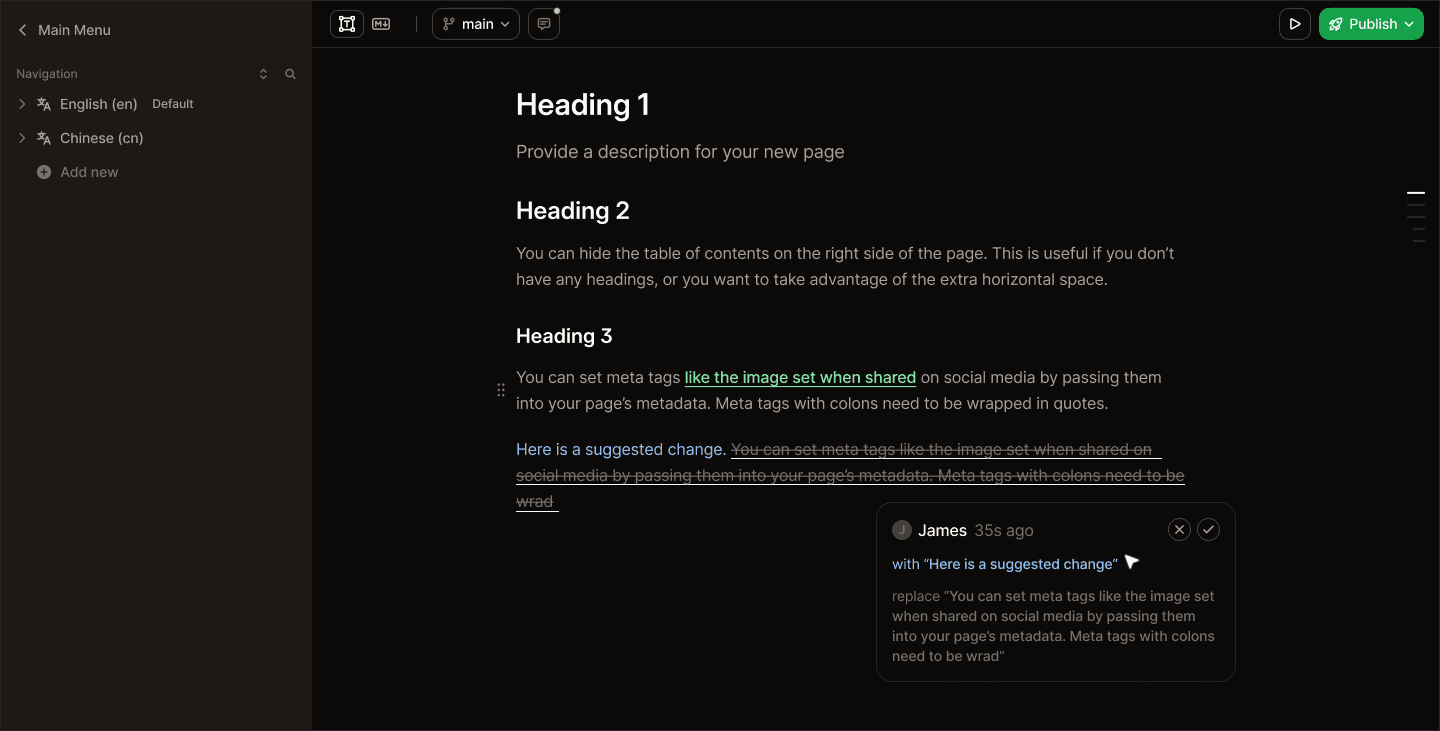 Suggesting mode in the Mintlify web editor with proposed changes highlighted