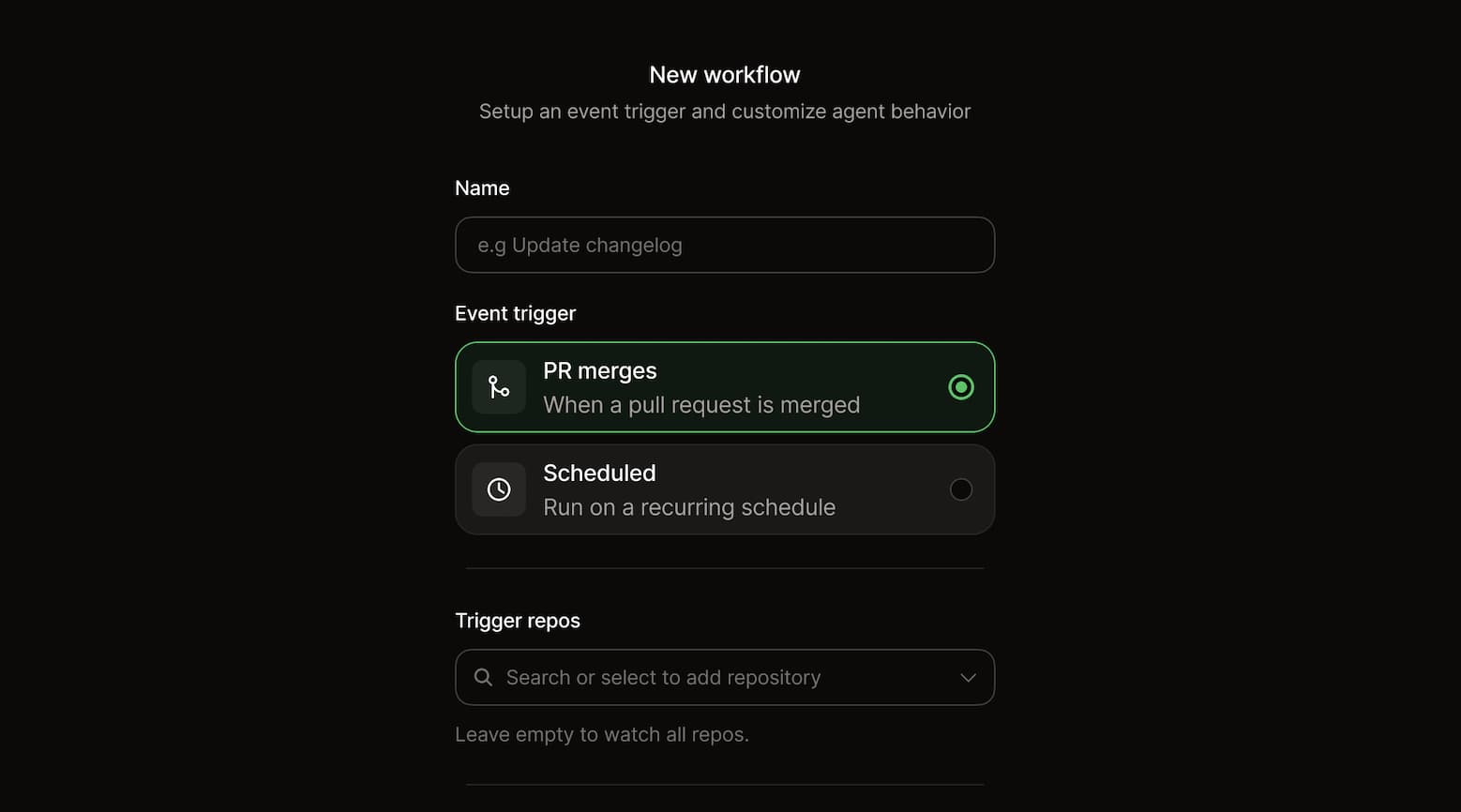 Workflows product interface showing trigger configuration