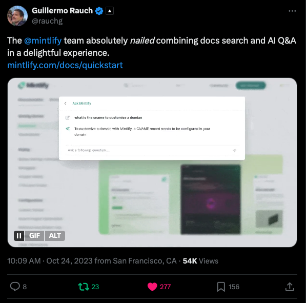 Tweet from Guillermo Rauch praising Mintlify AI Q&A
